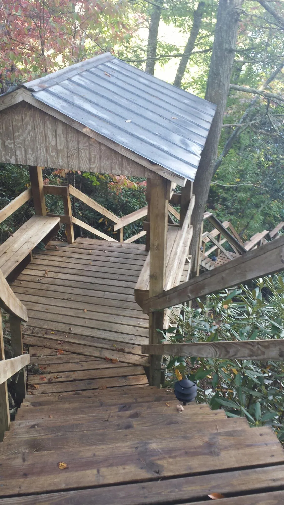 Metal roofed shelter over wooden steps on a wooded walkway — Skylight Repair & Installation work by our crew in Lakeside Marblehead